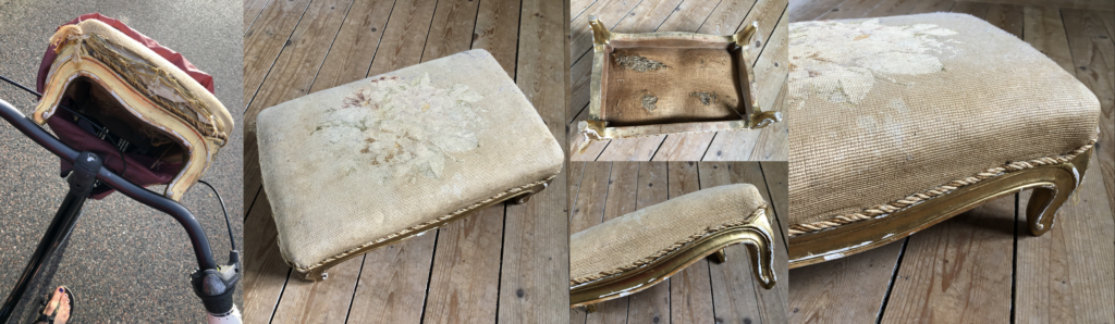 Five photos of a low antique stool, from left to right, in a bike basket, from above, brom below and the side, and from the front