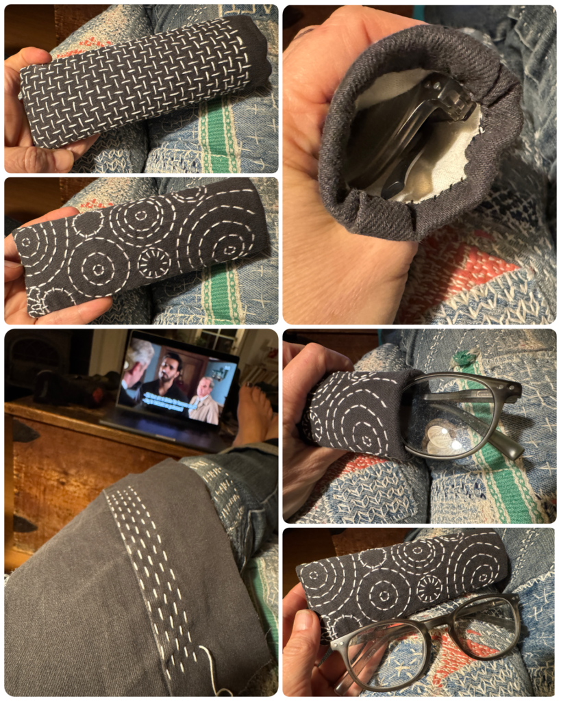 Images of a case for reading glasses, handmade, with sashiko-inspired embroidery as decoration.